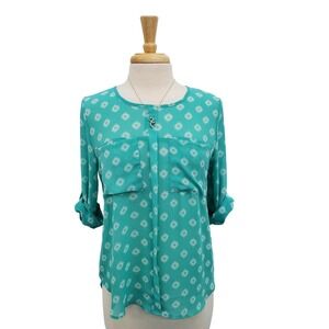 Teal Geometric Print Blouse by Papermoon Stitch Fix Button Small Roll Tab Sleeve